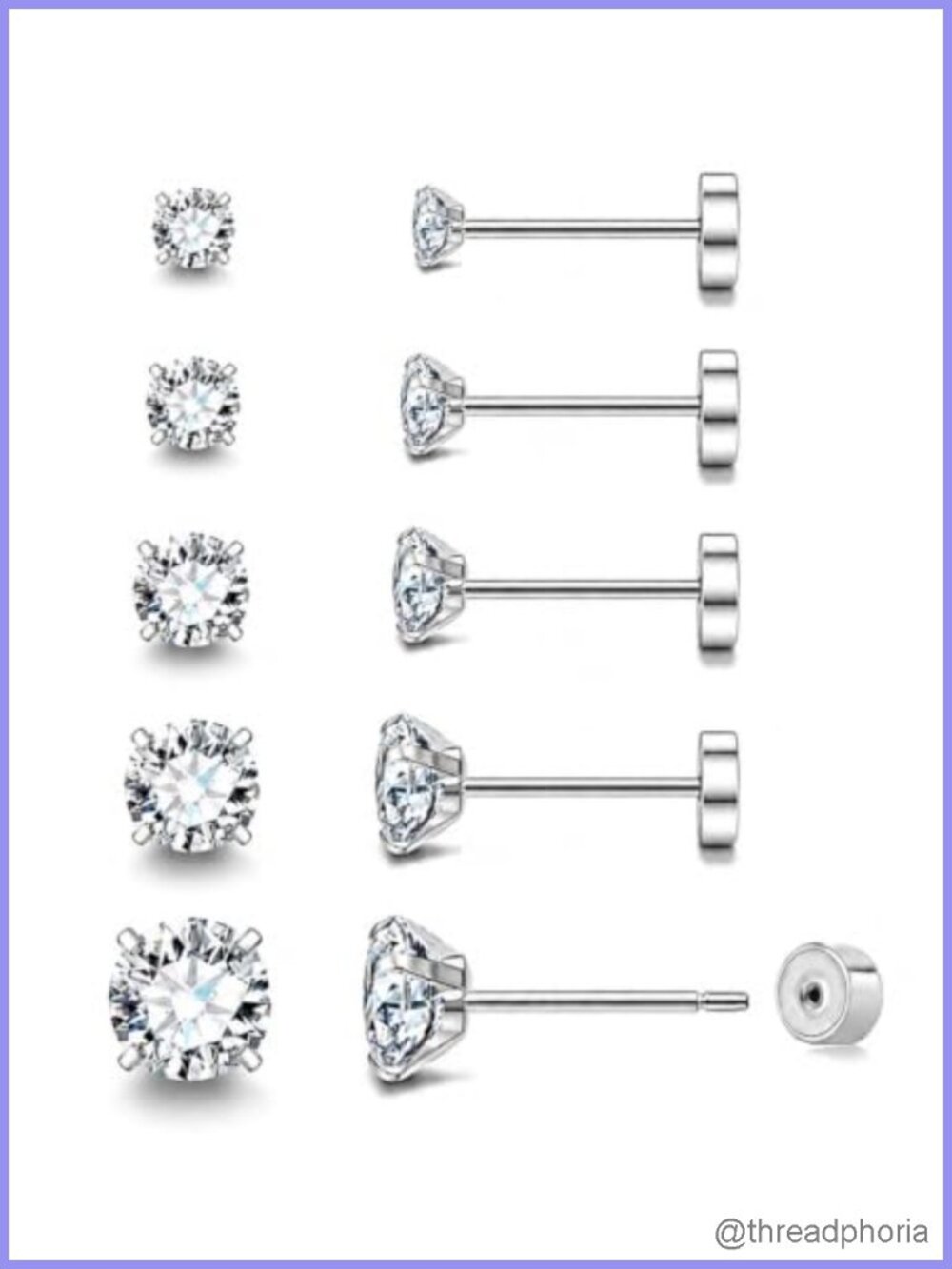 Stainless Steel Threadless Flat Back Earrings Set 20G 8mm Post CZ Stud